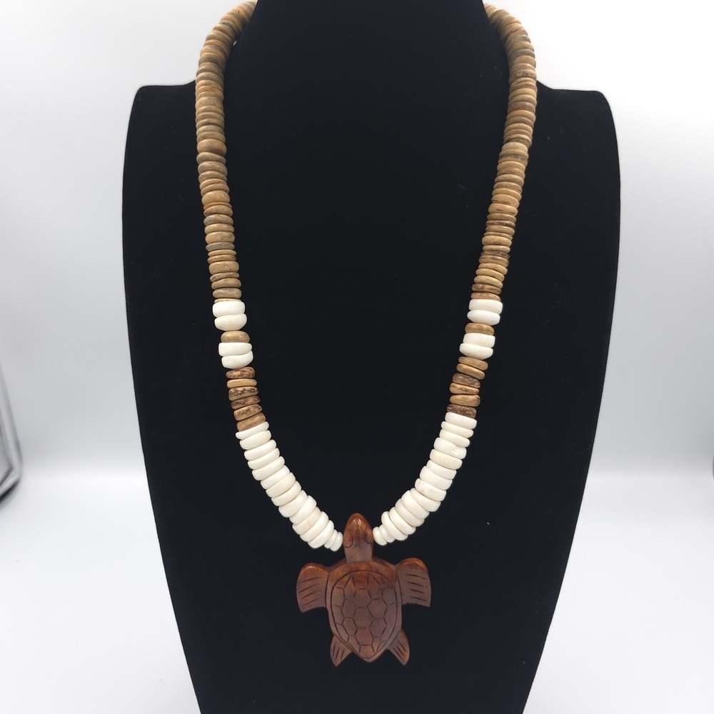 Puka Shell Necklace Hand Carved Wood Sea Turtle Pendant Brown White